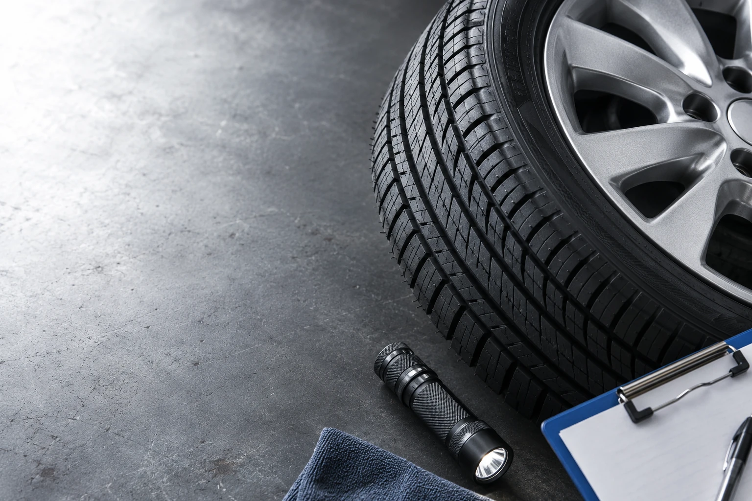 Illustrative macro of a black tire tread, silver wheel hub, flashlight and blue inspection clipboard; not a Flushing Tire shop photograph.